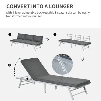 Outsunny 3 Pieces Garden Furniture Sets, 6 Seater Corner Sofa Set with Adjustable Backrest Chase Lounge with Slatted Metal Top Table, Padded Cushion, Grey 