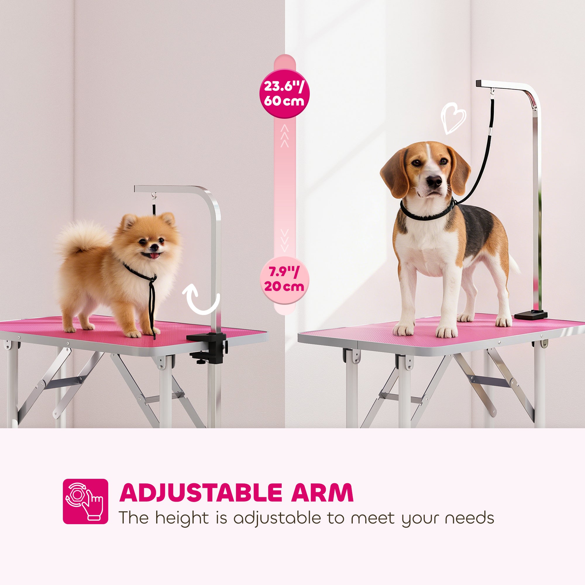PawHut 32" Foldable Dog Grooming Table Pet Drying Beauty Table Adjustable Fixed Arm Rubber Top, Pink 