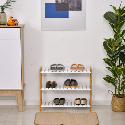 HOMCOM 3-Tier Shoe Rack Wood Frame Slatted Shelves Spacious Open Hygienic Storage Home Hallway Furniture Family Guests 70L x 26W x 57.5H cm - Natural 