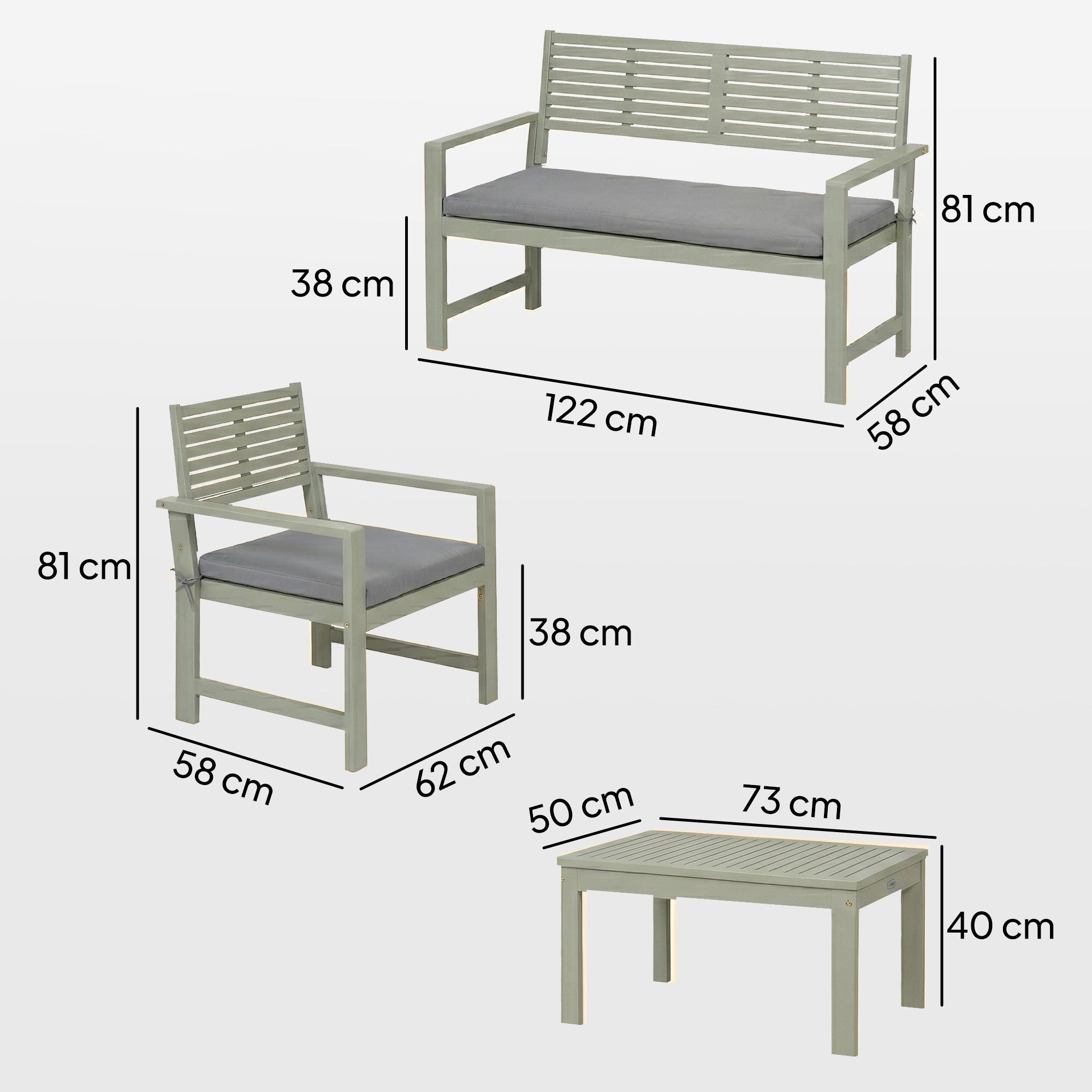 Outsunny 4 Seater Wooden Garden Furniture Set with Loveseat, Armchairs, Table, Acacia Wood Garden Sofa Set, Light Grey 