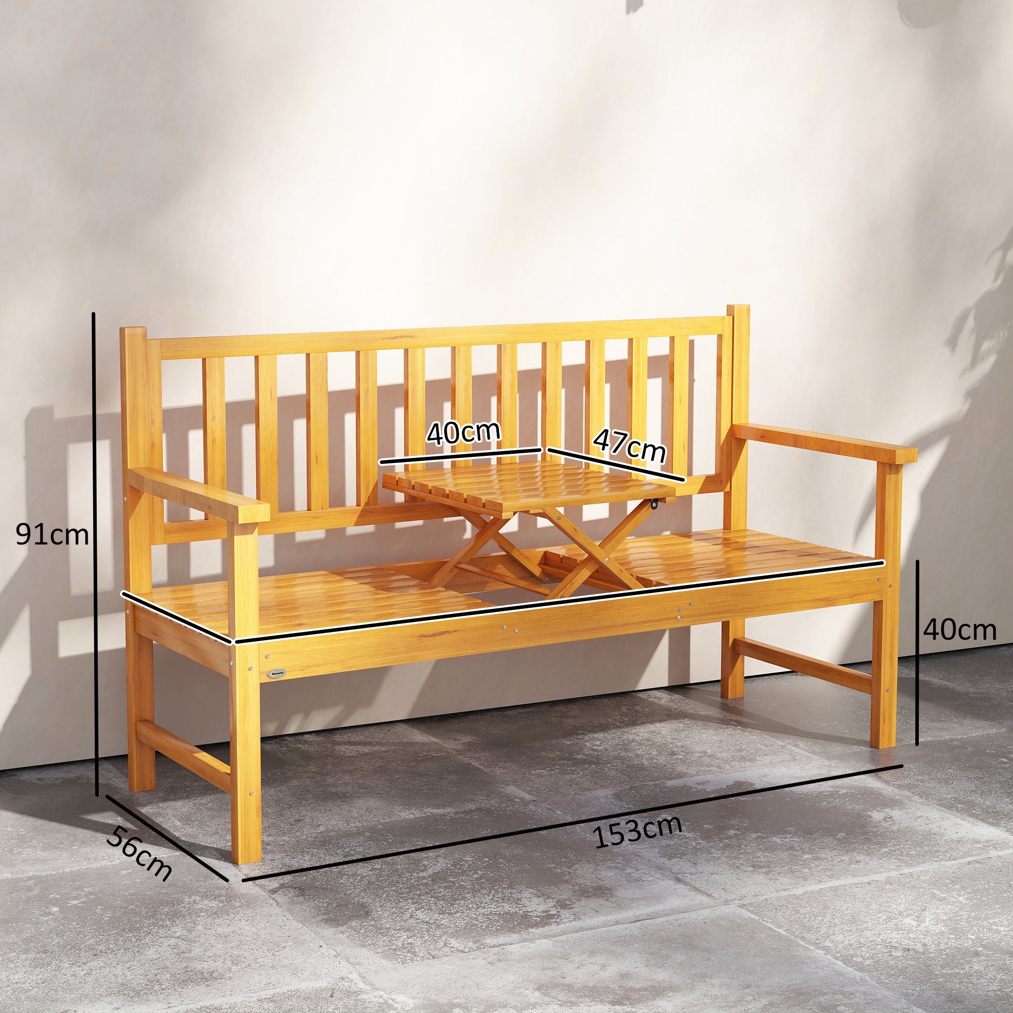 Outsunny Wooden Bench with Liftable Middle Table, Outdoor Bench, Patio Loveseat for Porch, Garden, Seats 2-3 People 