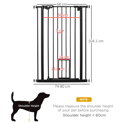 PawHut Extra Tall Pet Gate, Indoor Dog Safety Gate, with Cat Flap, Auto Close, 74-80cm Wide - Black 