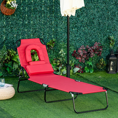 Outsunny Foldable Outdoor Sun Lounger Adjustable Backrest Reclining Chair with Pillow and Reading Hole Garden Beach, Red 