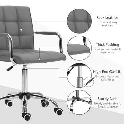 Vinsetto PU Leather Home Office Desk Chair, Computer Chair with Mid Back, Arm, Swivel Wheels, Adjustable Height, Grey 