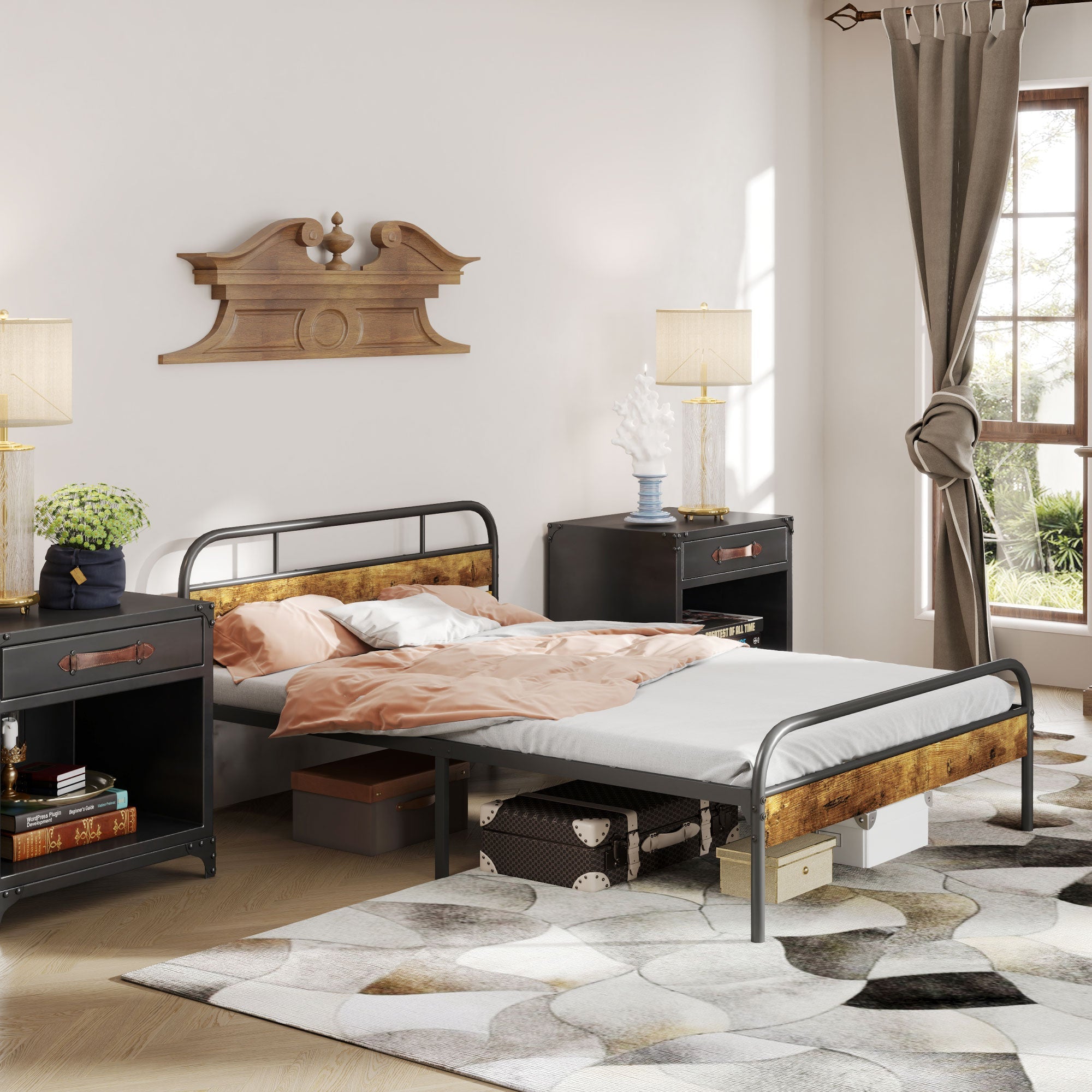 HOMCOM Industrial-Style Double Bed Frame - Black/Brown 