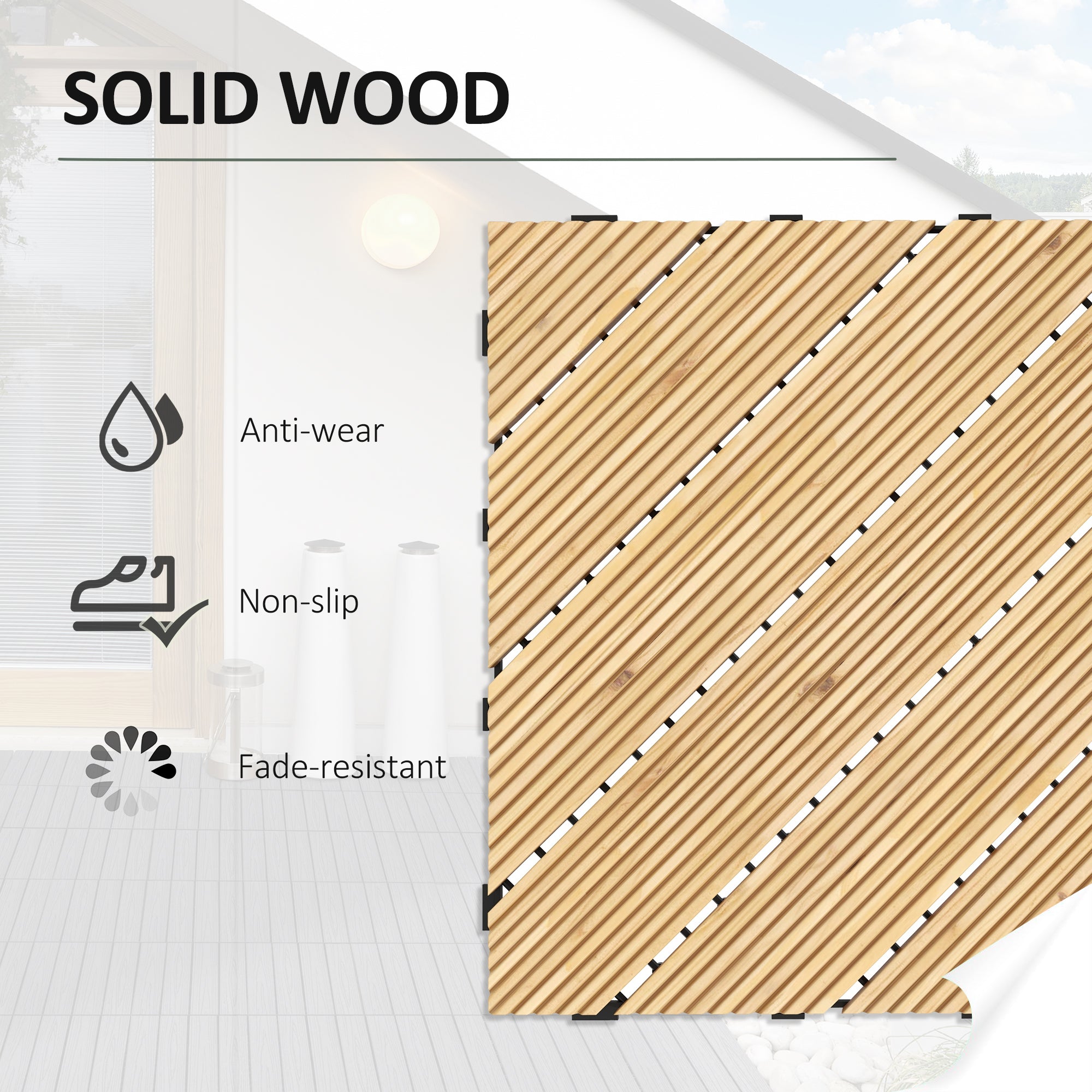 Outsunny 27 Pcs Wooden Interlocking Decking Tiles, 30 x 30 cm Anti-slip Outdoor Flooring Tiles, 0.81\'e3\'8e\'a1 per Pack, All Weather Use for Patio, Balcony, Terrace, Hot Tub, Yellow 