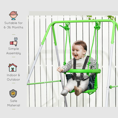 Outsunny Kids Swing, Steel Nursery Swing, with Seatbelt, High Support Back, Front Guard, for Ages 6-36 Months - Green 