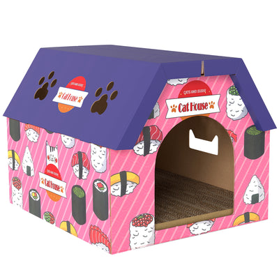 PawHut Cat Scratching Board, 2-in-1 Cardboard Cat House and Hideaway for Indoor Cats, Pink 