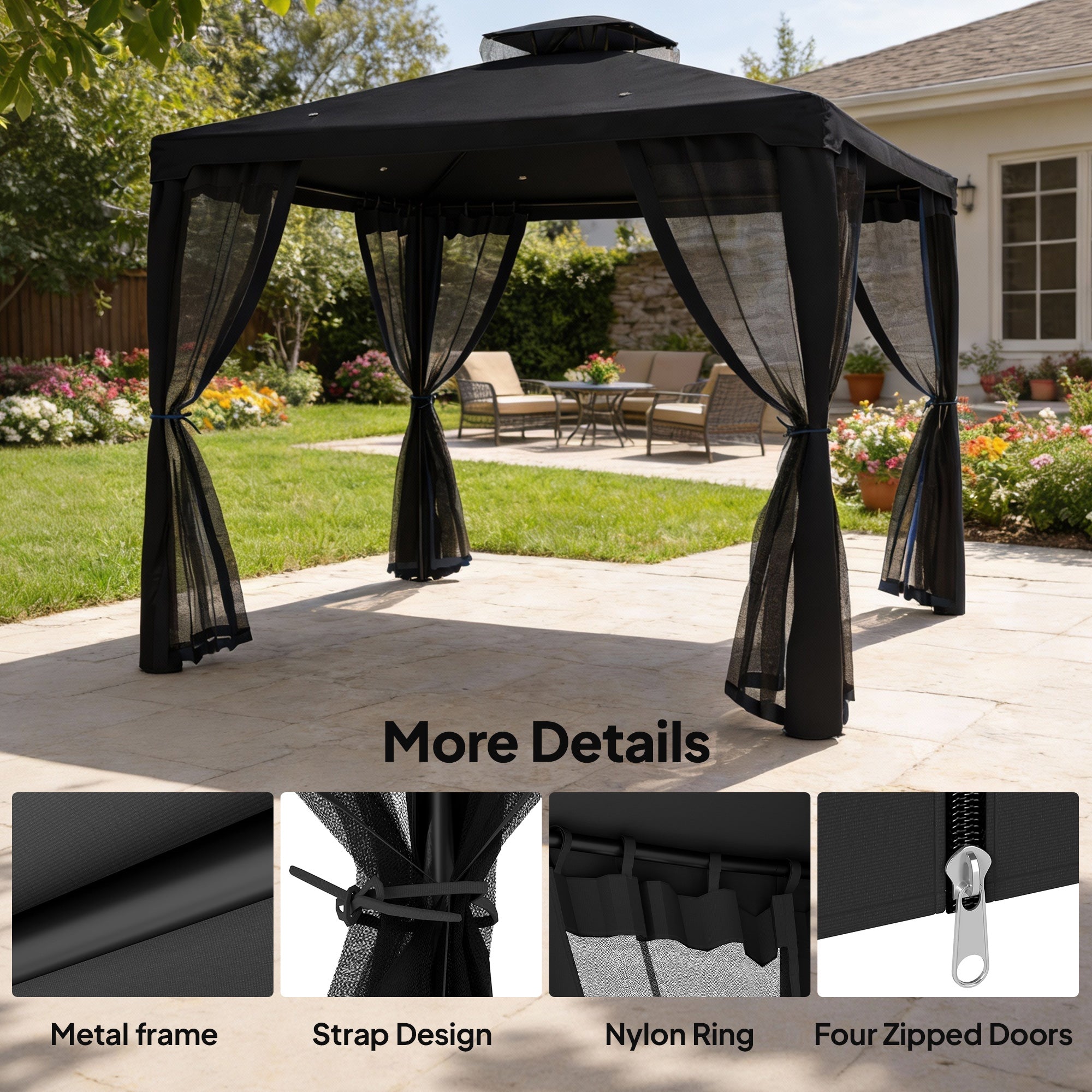 Outsunny 3 x 3 m Metal Gazebo, Garden Pavillion, Double Roof Outdoor Canopy Shelter with Mesh Sidewalls, Black 