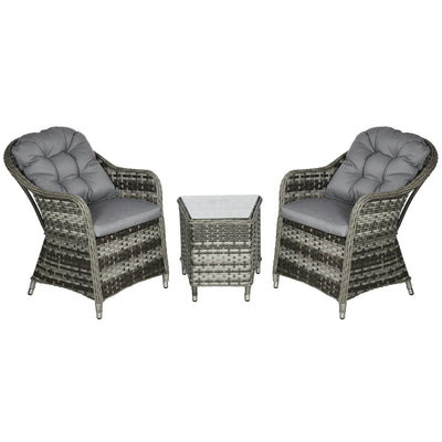 Outsunny 3 Pieces Rattan Bistro Set, Wicker Garden Bistro Set, Glass Top Balcony Table and Chairs with Cushions for Outdoor, Patio, Balcony, Grey 
