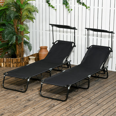 Outsunny Set of Two Folding Sun Loungers, with Adjustable Backs and Sun Canopies - Black 
