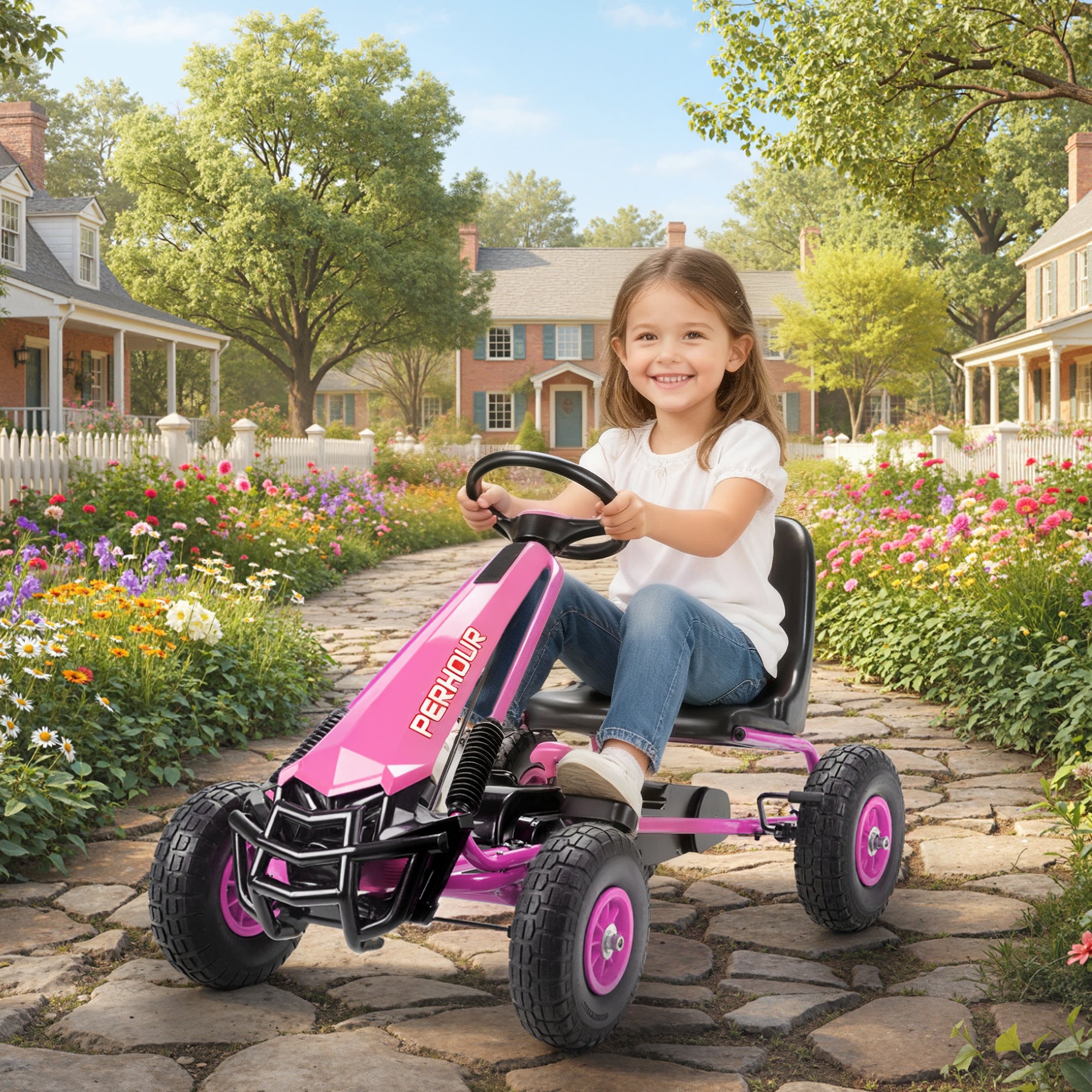 AIYAPLAY Kids Pedal Go Kart with Adjustable Seat, EVA Tyres, Manual Clutch, Brake, Go Kart for Kids 3-8 Years, Pink 