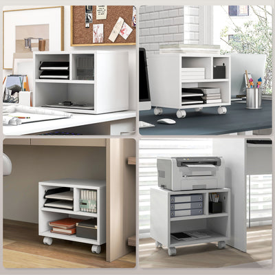 HOMCOM Three-Compartment Printer Cabinet, with Wheels - White 