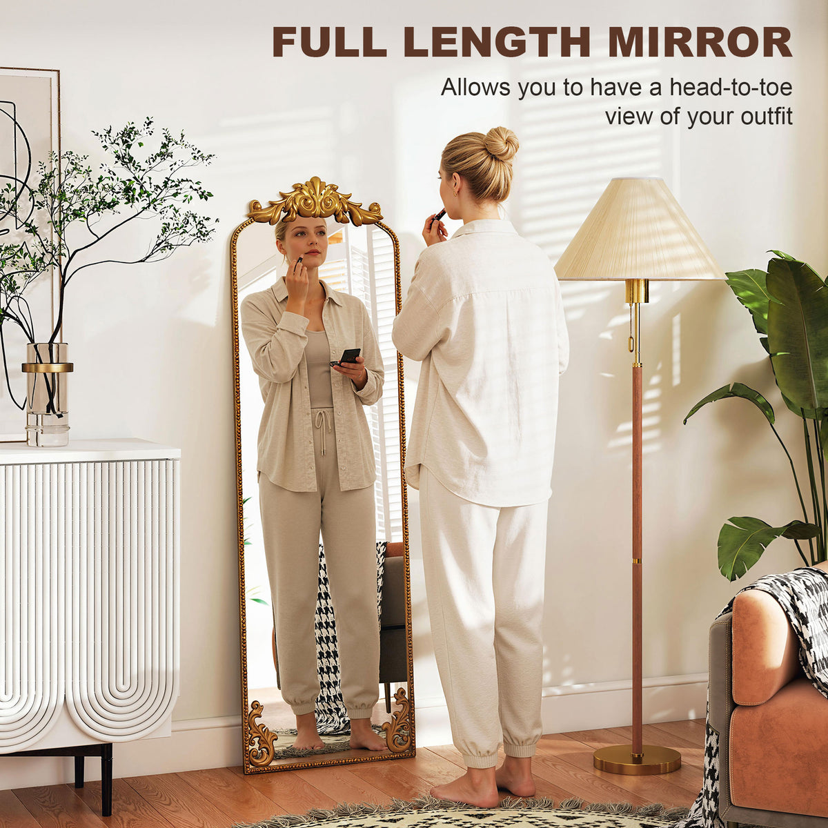 HOMCOM Full Length Mirror, 50 x 160 cm Floor Mirror with Baroque Metal Frame for Bedroom, Living Room, Dressing Room, Gold Tone 