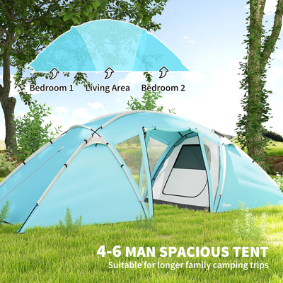 Outsunny 4-6 Man Family Camping Tent w/ 2 Bedrooms and a Living Room, Waterproof Tunnel Tent w/ Sewn In Groundsheet, Doors, Windows, Carry Bag, Blue 