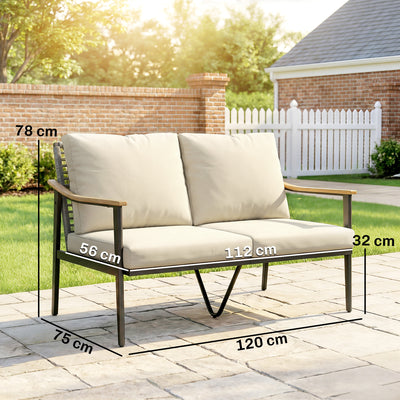 Outsunny 2 Seater Rattan Sofa, Outdoor Garden Sofa with Wood-Effect Armrests, Cushions for Patio, Balcony, Khaki 