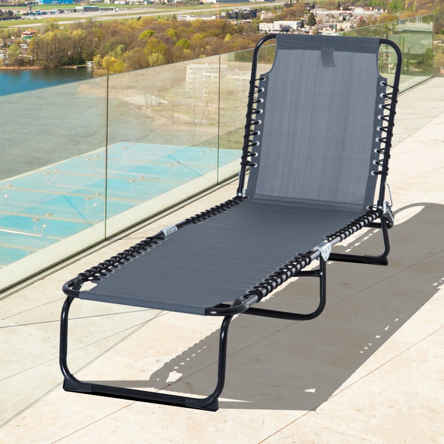 Outsunny Foldable Sun Lounger, Outdoor 4 Level Adjustable Backrest Reclining Chaise Chair, Steel Frame Recliner Chair for Camping, Hiking, Grey 