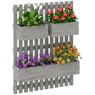 Outsunny Wall-mounted Wooden Garden Planters with Trellis, Drainage Holes and 3 Planter Boxes for Patio, Grey 