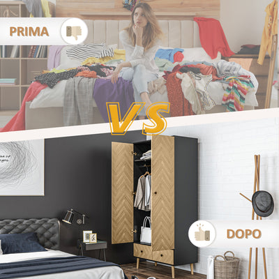 HOMCOM Modern Wardrobe Cabinet Wood Grain Sticker Surface with Shelf, Hanging Rod and 2 Drawers 90x50x190cm 