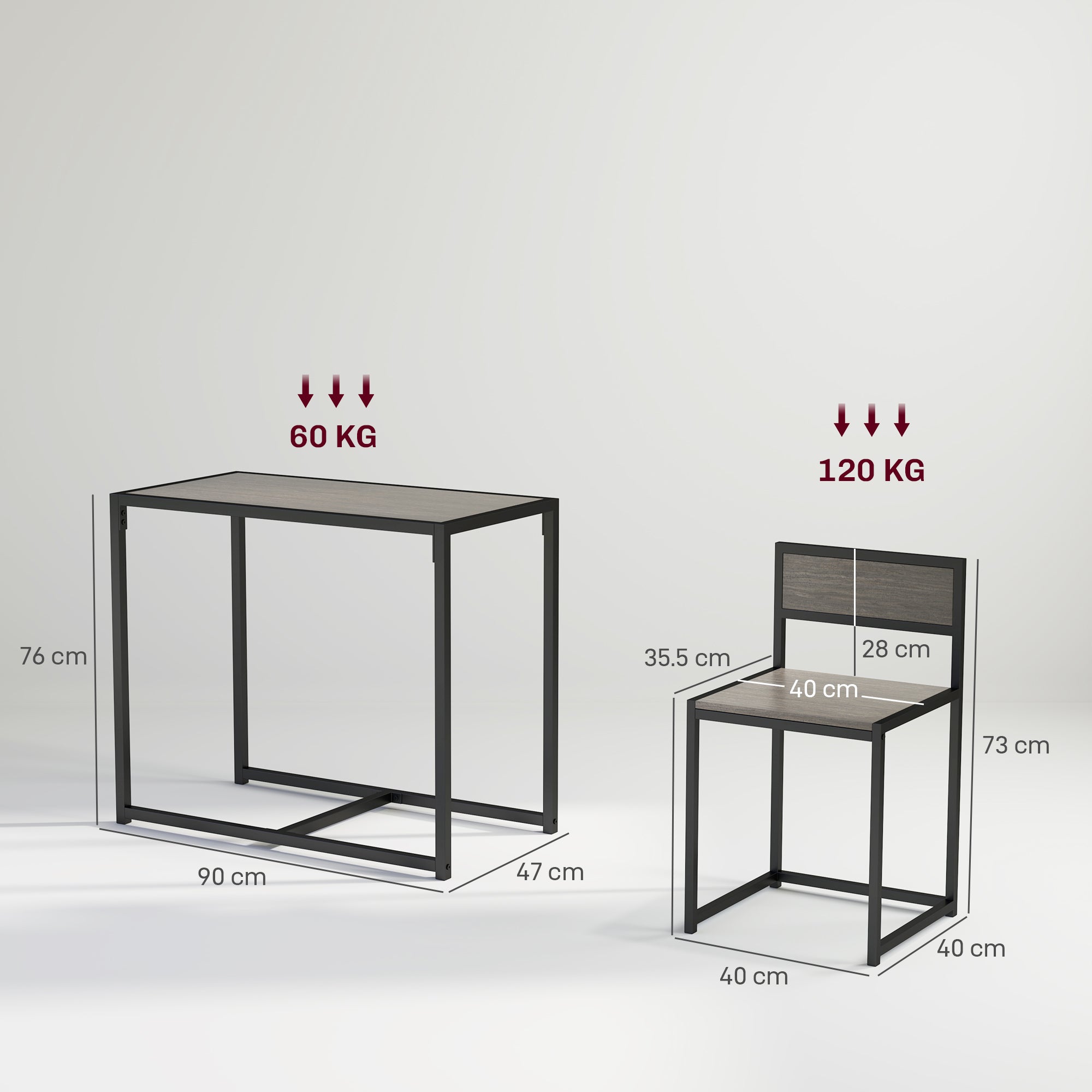 HOMCOM Dining Table and Chairs Set 2, Dining Room Sets, Rectangular Space Saving Table and 2 Chairs for Compact Kitchens, Steel Frame, Grey Wood-Effect