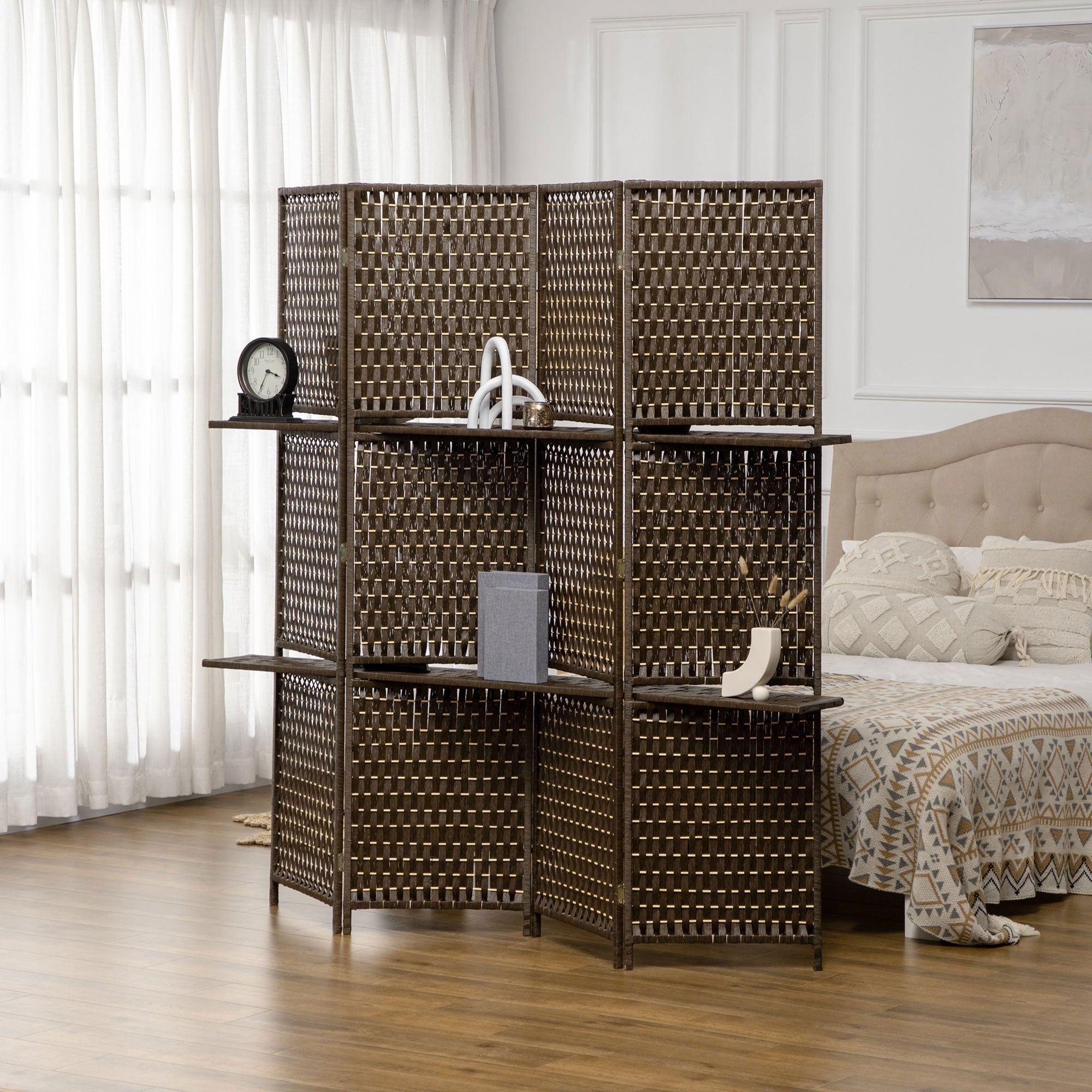 HOMCOM 4-Panel Room Dividers with Shelves, Wave Fibre Freestanding Folding Privacy Screen Panels, Partition Wall Divider for Indoor Bedroom Office, 180\'c2\'a0cm, Brown 