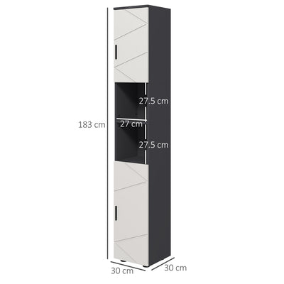 kleankin 183cm Tall Bathroom Cabinet, Narrow Bathroom Storage Cabinet with Open Shelves, 2 Doors Cabinets, Adjustable Shelves and Soft Close Mechanism, Grey 