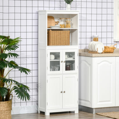 HOMCOM Freestanding Kitchen Cupboard, 4-Door Storage Cabinet with Adjustable Shelf and Glass Doors for Dining Room, Living Room, White 