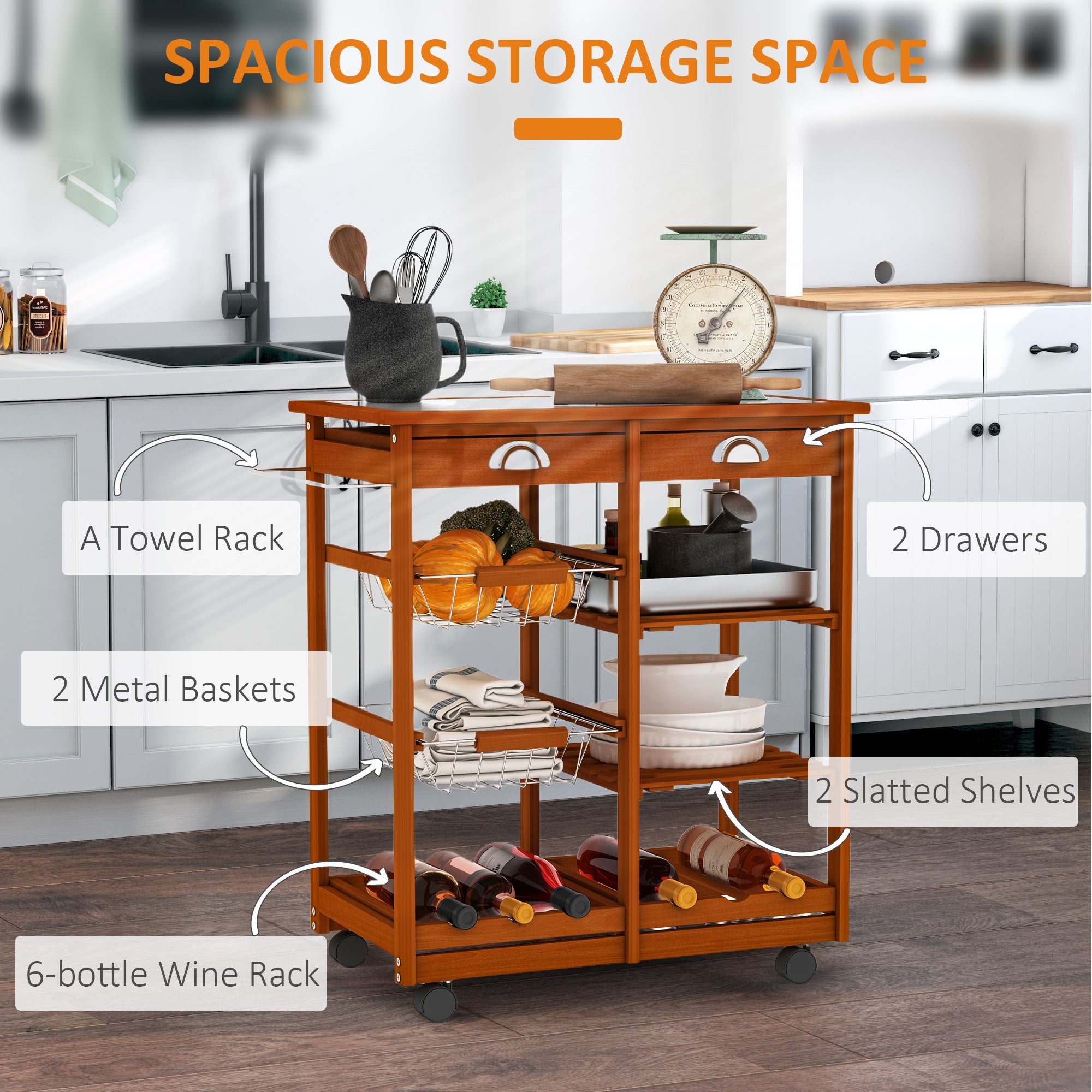 HOMCOM Rolling Kitchen Island Trolley Cart Drawer Shelves Basket Wheels W/  6 Bottle Wine Rack, Honey Colour 