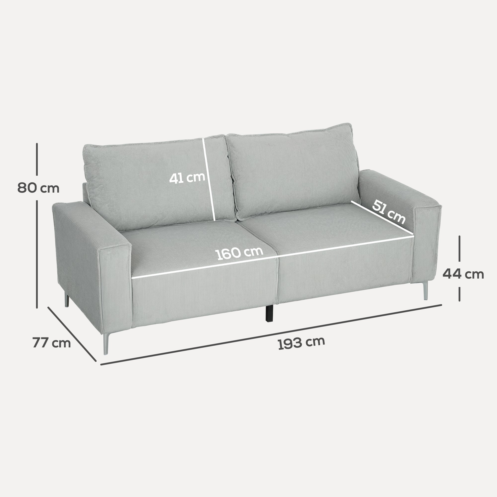 HOMCOM Three-Seater Corduroy - Light Grey 