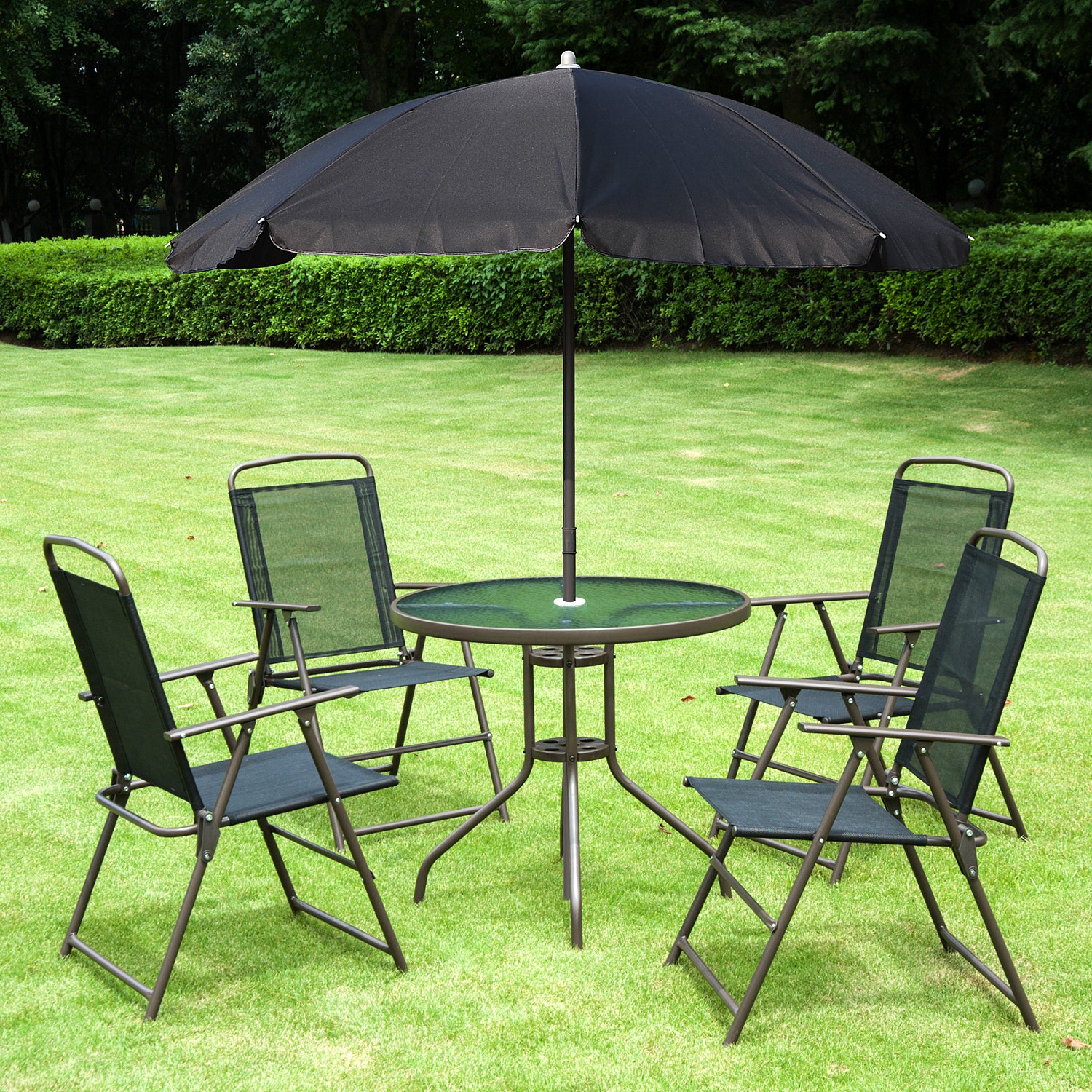 Outsunny 6 Piece Garden Dining Set with Umbrella, Patio Sets with Parasol with 4 Folding Dining Chairs & Round Tempered Glass Table, Black 