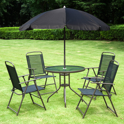 Outsunny 6 Piece Garden Dining Set with Umbrella, Patio Sets with Parasol with 4 Folding Dining Chairs & Round Tempered Glass Table, Black 
