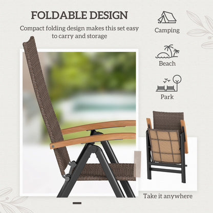 Outsunny 2 Pieces Outdoor Foldable Dining Chair with Armrests, High Backrest, for Garden, Camping, Balcony, Brown 