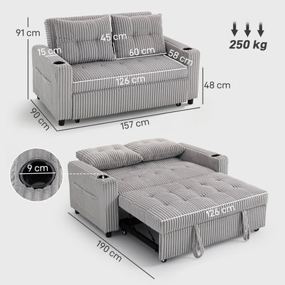 HOMCOM 2 Seater Click Clack Sofa Bed with Pull Out Design, Corduroy Upholstery - Light Grey 