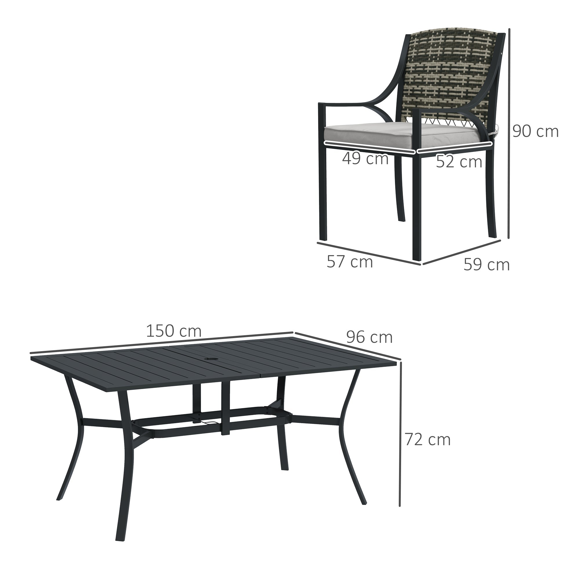 Outsunny Rattan Garden Furniture Set with Cushions, 6 Seater Rattan Dining Set with 6 Armchairs, 150 x 96cm Rectangular Table, Umbrella Hole, for Outdoor, Patio, Balcony, Terrace, Conservatory 