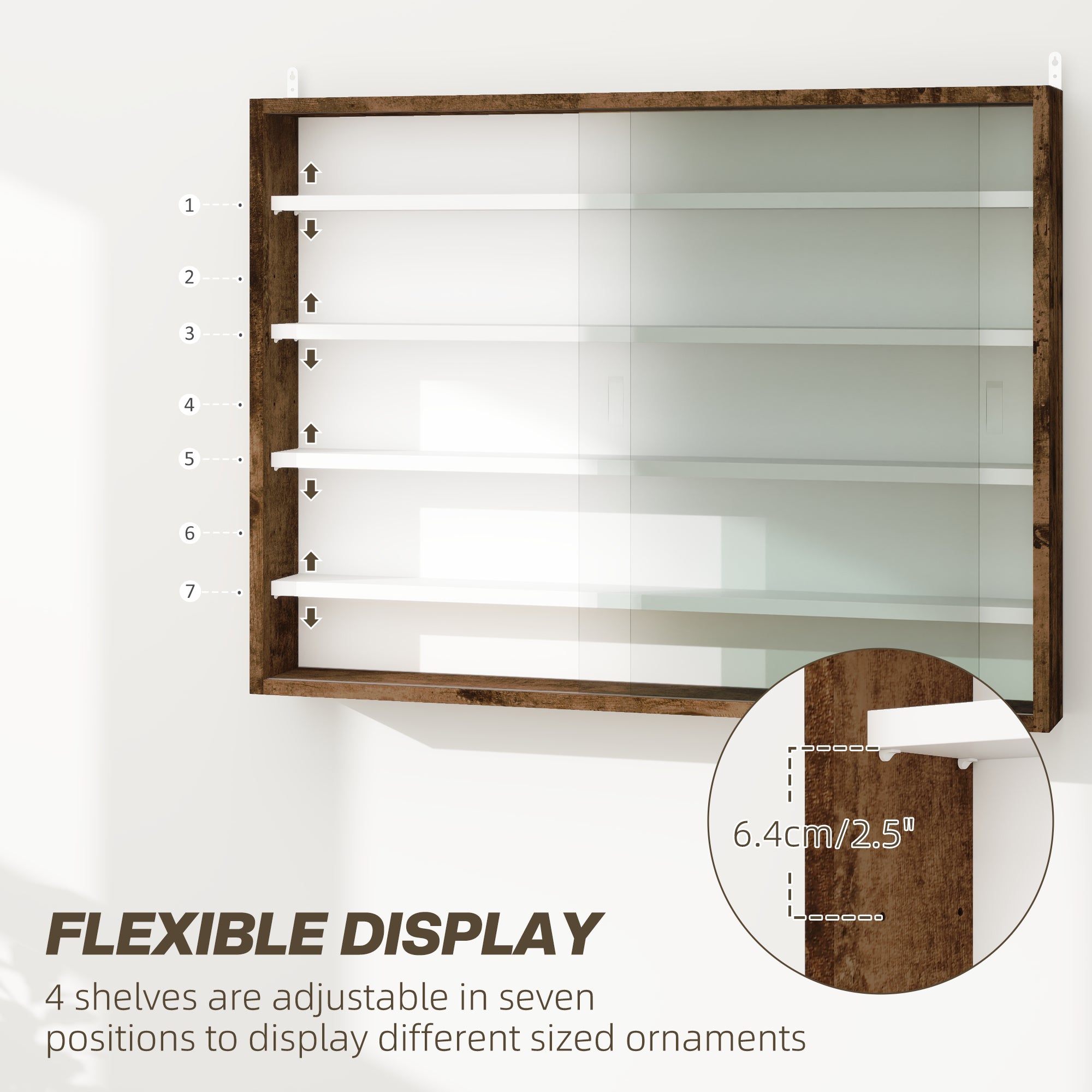 HOMCOM 5-Tier Wall Display Shelf Unit Cabinet w/ 4 Adjustable Shelves Glass Doors Home Office Ornaments 60x80cm Rustic brown 