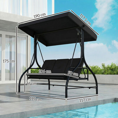 Outsunny 3 Seater Canopy Swing Chair, 2 in 1 Garden Swing Seat Bed, with Adjustable Canopy and Metal Frame, Black 