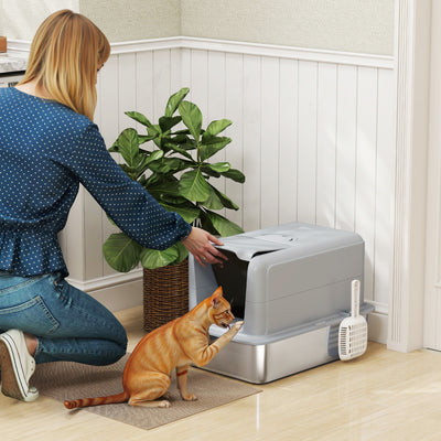 PawHut Stainless Steel Cat Litter Box with Removable Lid, Scoop, Filter Bags, for Larger Cats, Grey 