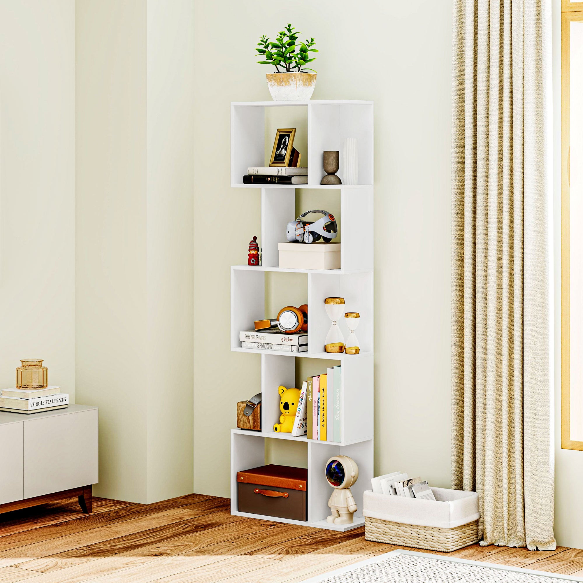 HOMCOM Bookcase, S-Shaped Wooden Bookshelf, 5 Tiers Freestanding Storage Shelf, Home Office Display Stand Rack, White 