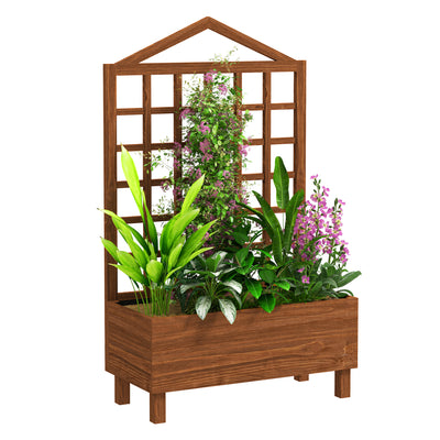 Outsunny Garden Planters with Trellis for Vine Climbing, Distressed Wooden Raised Beds, 90x43x150cm, Brown 