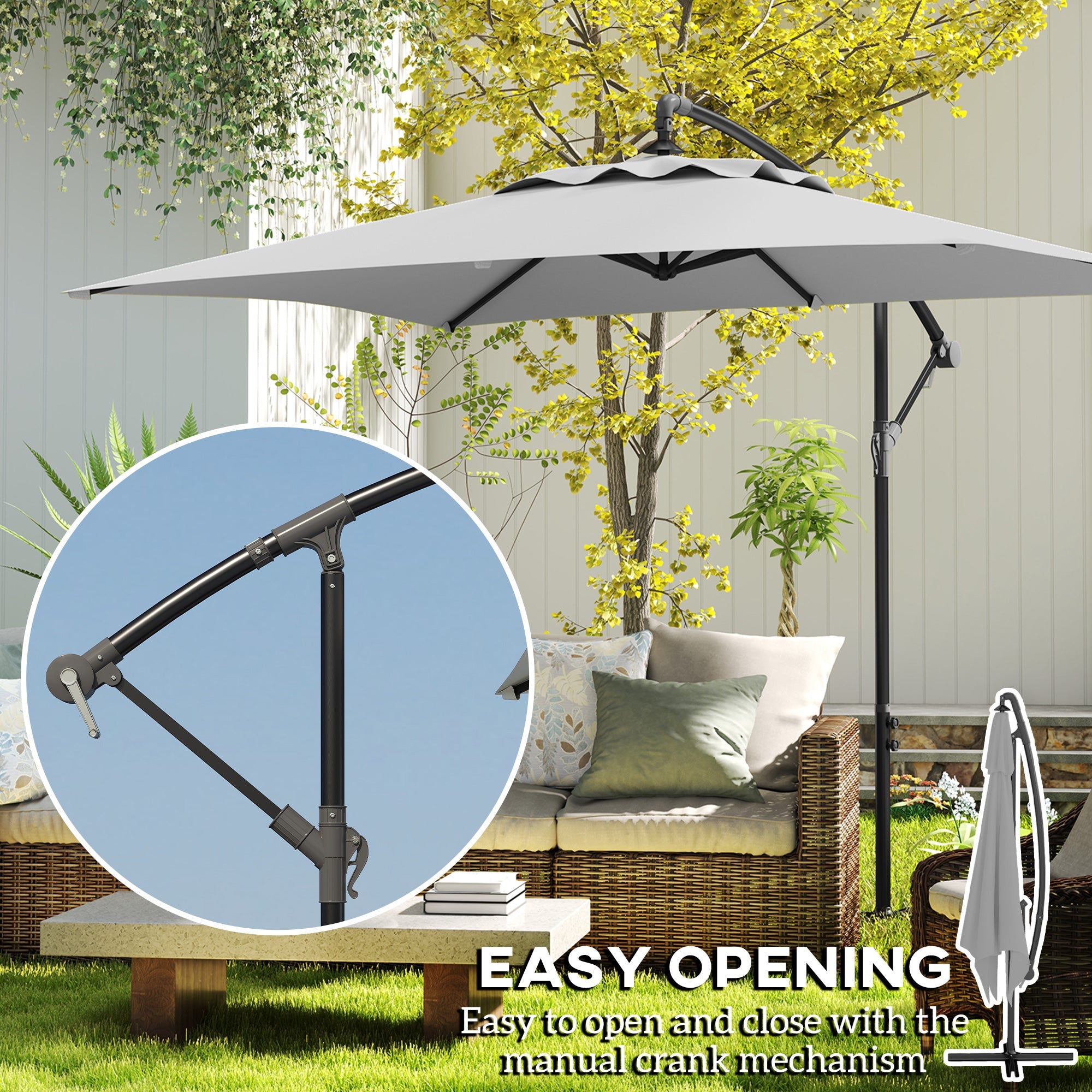 Outsunny 3(m) Cantilever Overhanging Parasol, with Cross Base - Light Grey 
