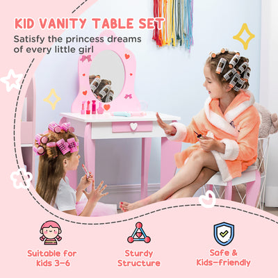 ZONEKIZ Kids Dressing table Set w/ Mirror, Stool, Drawer, Cute Patterns, for Ages 3-6 Years - Pink 