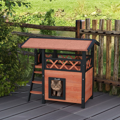 PawHut Cat House Outdoor w/ Balcony Stairs Roof, 77 x 50 x 73 cm, Brown 
