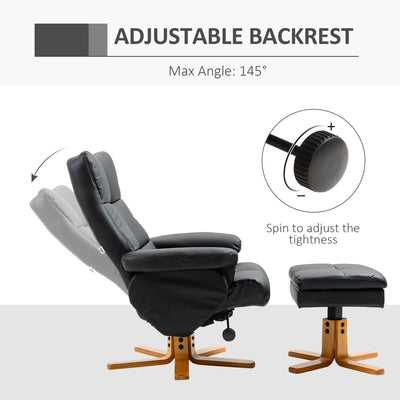 HOMCOM Recliner Armchair, Swivel Reclining Chair With Ottoman, Swivel Faux Leather Chair with Wooden Base and Storage Footstool for Living Room, Black 
