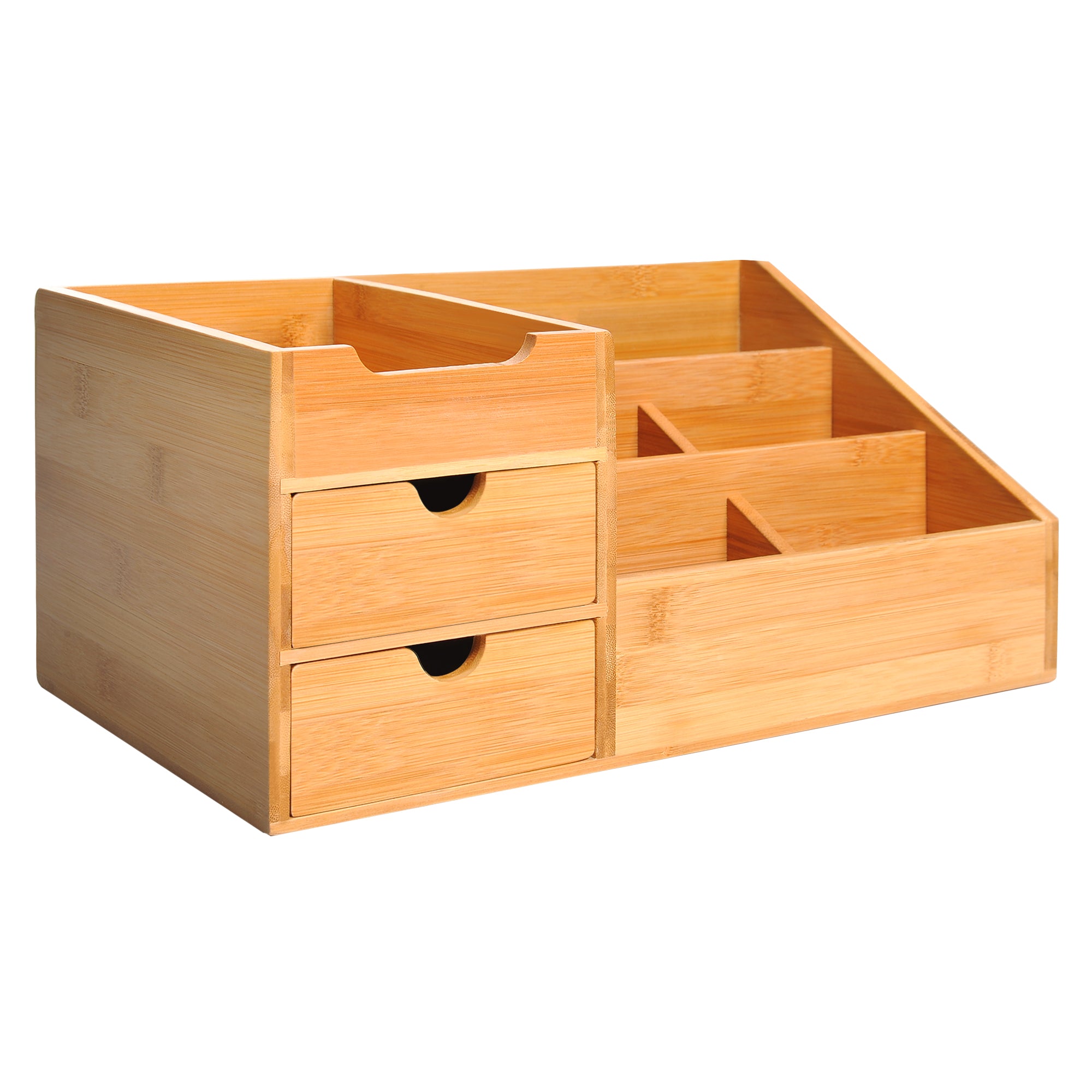 HOMCOM Desk Organiser Holder, Bamboo Multi-Function Storage Caddy with 7 Storage Compartments and 2 Drawers for Home Office Stationary Supplies, Natural Bamboo 