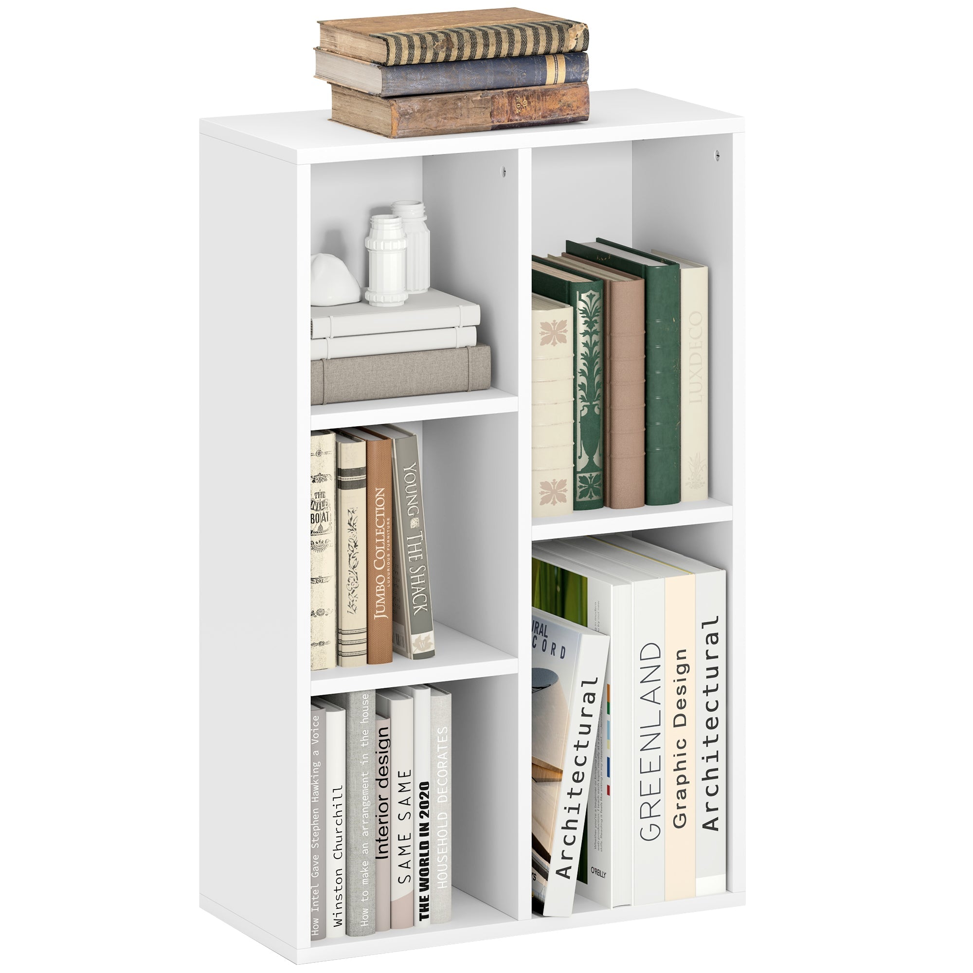 HOMCOM 2-Tier Bookshelf with 5 Compartments - White 