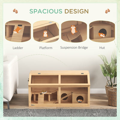 PawHut Hamster Cage, Wooden Small Animal Cage for Gerbils, Mice w/ Suspension Bridge, Openable Top, Hut, 85 x 45 x 44cm Nature 