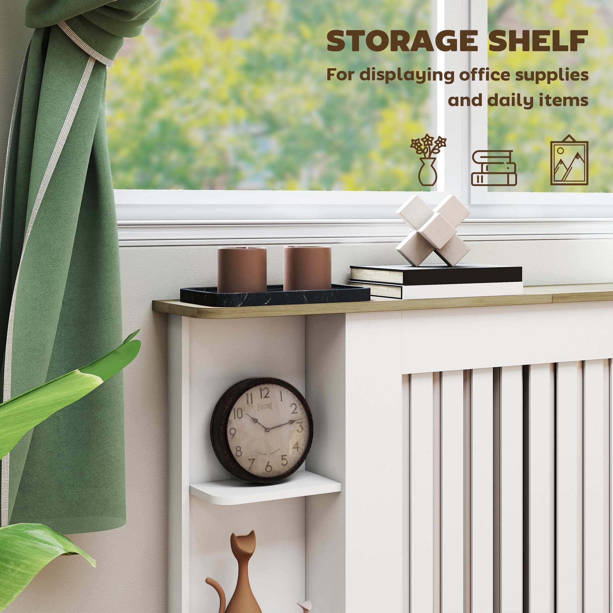 HOMCOM Radiator Cover with Open Storage Shelves, Vertical Slatted Cabinet Shelf Heater Cover for Living Room, Hallway, Large, White 