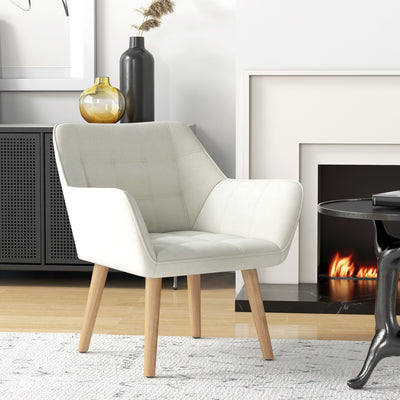HOMCOM Accent Chair, Arm Chair with Wide Arms, Slanted Back, Thick Padding and Rubber Wooden Legs for Living Room, Cream White 