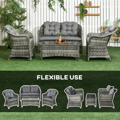 Outsunny Four-Piece Rattan Sofa Set, with Glass-Top Table - Mixed Grey 
