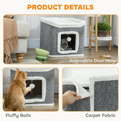 PawHut Cat House for Indoor Kittens, 2-Level Cat Cave Bed with Fluffy Balls, Top Bed, Kitten Barrel for Multi Kitties, Grey 